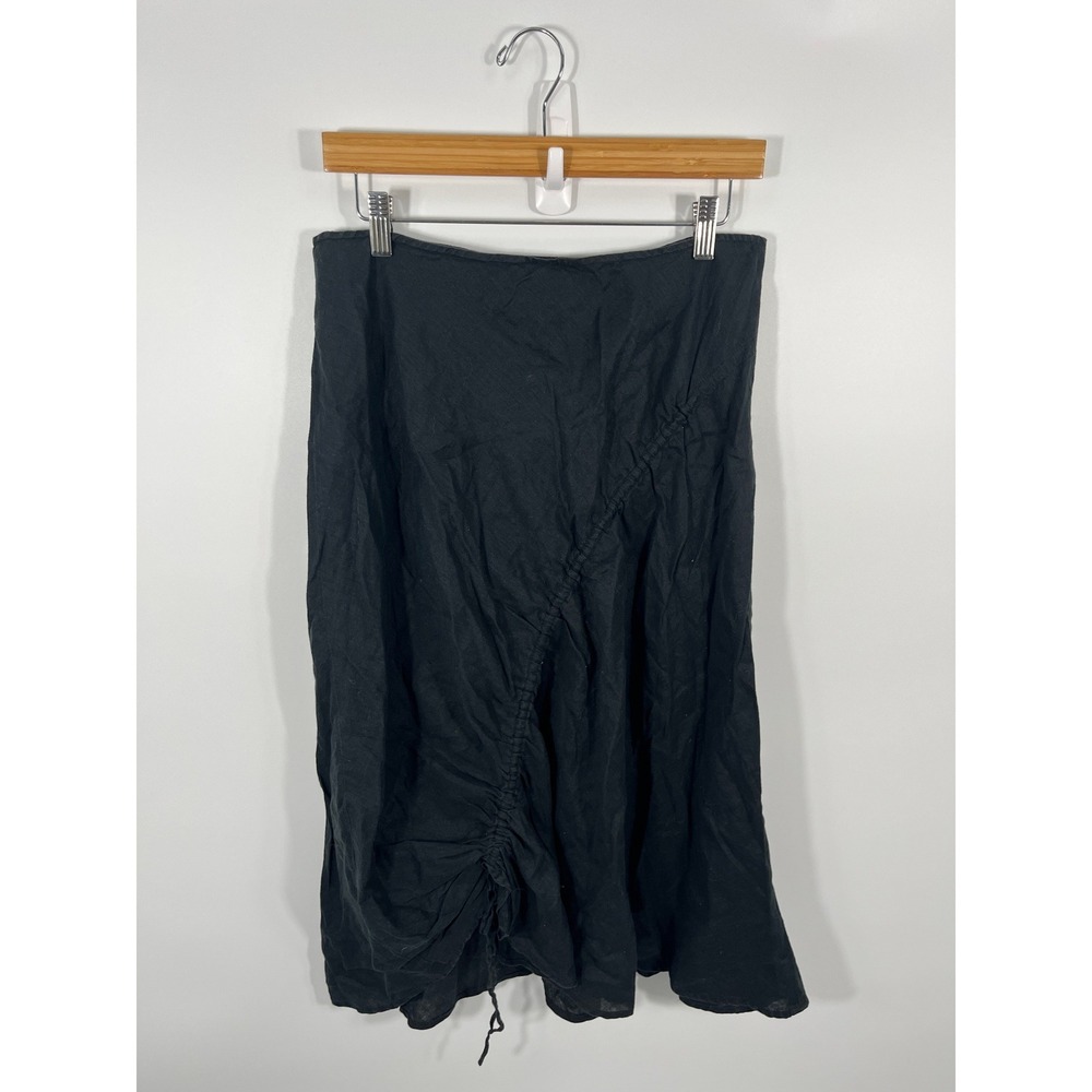 Y2K Womens 100% Linen Midi Skirt 10 Black Ruched Euro Summer Capsule Resort Chic